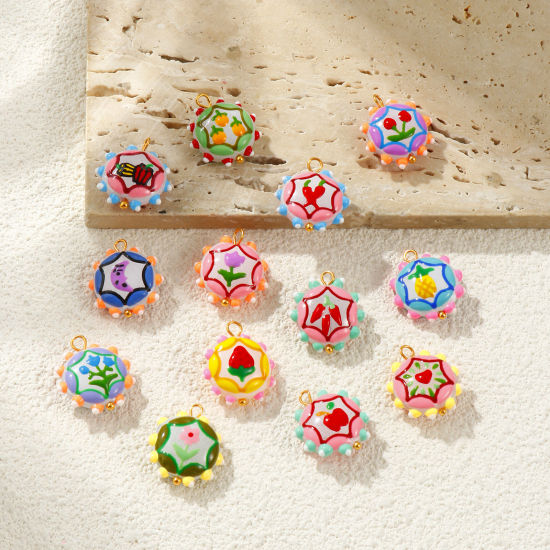 2 個 エコフレンドリー PVD 防水 耐変色性の 低アレルギー性の 304ステンレス鋼＋樹脂 チャーム 卸売り 18Kリアルゴールドメッキ 多色 エナメル フラワー 22mm x 19mm、 の画像