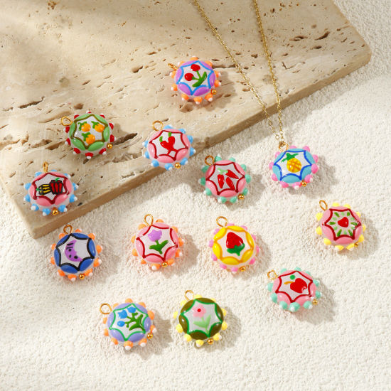 2 個 エコフレンドリー PVD 防水 耐変色性の 低アレルギー性の 304ステンレス鋼＋樹脂 チャーム 卸売り 18Kリアルゴールドメッキ 多色 エナメル フラワー 22mm x 19mm、 の画像