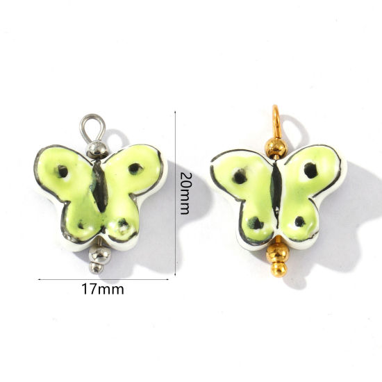 Picture of Eco-friendly 304 Stainless Steel & Resin Insect Charms Wholesale Multicolor Green Butterfly Animal Painted 20mm x 17mm