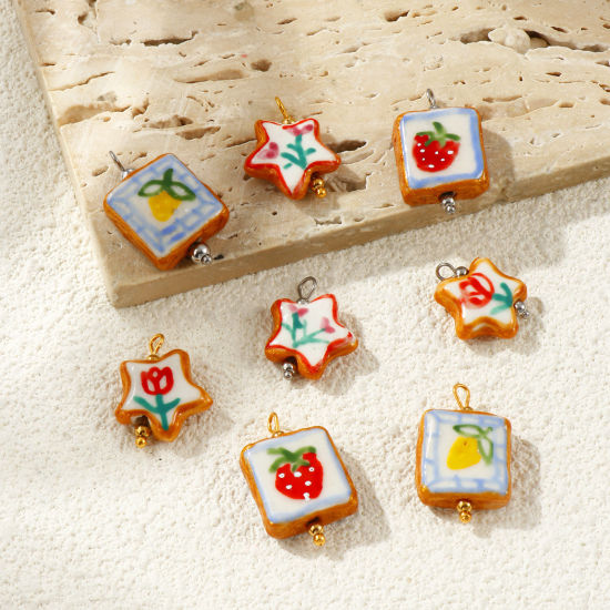 Picture of Eco-friendly 304 Stainless Steel & Resin Charms Wholesale Multicolor Multicolor Enamel Pentagram Star Painted 21mm x 16mm