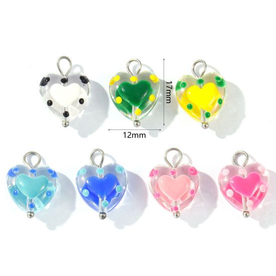 Picture of Eco-friendly 304 Stainless Steel & Resin Valentine's Day Charms Wholesale Silver Tone Enamel Heart 17mm x 12mm