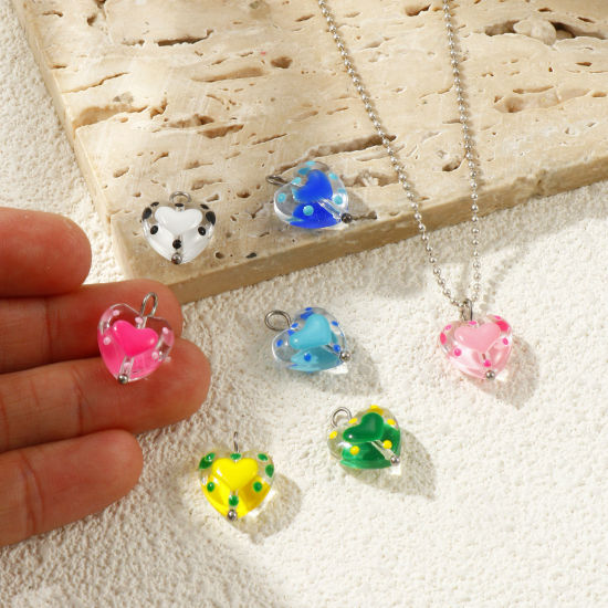 Picture of Eco-friendly 304 Stainless Steel & Resin Valentine's Day Charms Wholesale Silver Tone Enamel Heart 17mm x 12mm