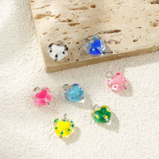Picture of Eco-friendly 304 Stainless Steel & Resin Valentine's Day Charms Wholesale Silver Tone Enamel Heart 17mm x 12mm