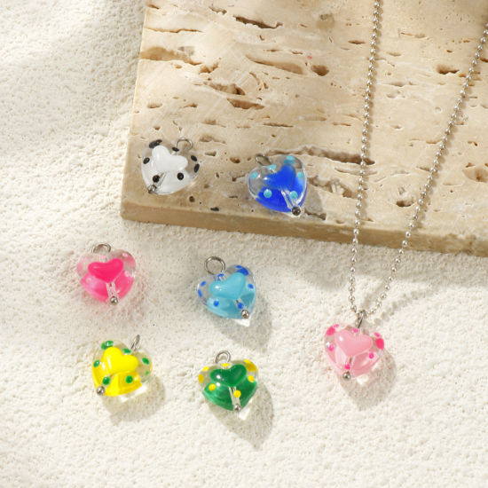 Picture of Eco-friendly 304 Stainless Steel & Resin Valentine's Day Charms Wholesale Silver Tone Enamel Heart 17mm x 12mm