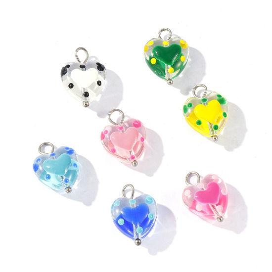 Picture of Eco-friendly 304 Stainless Steel & Resin Valentine's Day Charms Wholesale Silver Tone Enamel Heart 17mm x 12mm