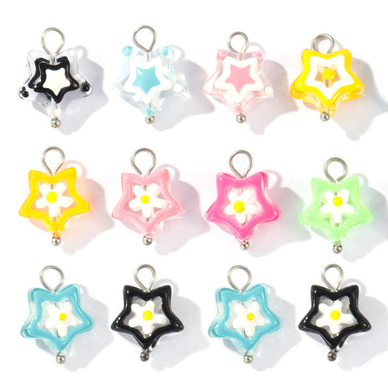 Picture of Eco-friendly 304 Stainless Steel & Resin Charms Wholesale Silver Tone Enamel Pentagram Star 17mm x 13mm