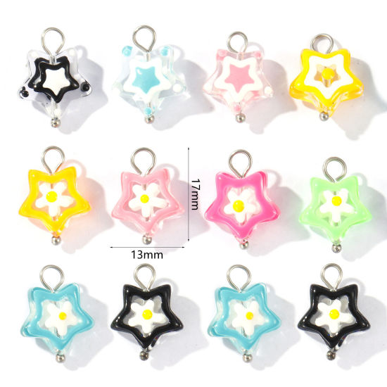 Picture of Eco-friendly 304 Stainless Steel & Resin Charms Wholesale Silver Tone Enamel Pentagram Star 17mm x 13mm