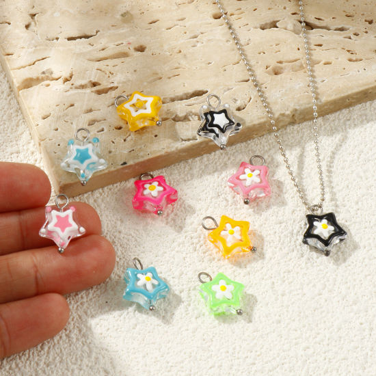Picture of Eco-friendly 304 Stainless Steel & Resin Charms Wholesale Silver Tone Enamel Pentagram Star 17mm x 13mm