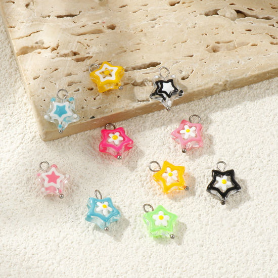 Picture of Eco-friendly 304 Stainless Steel & Resin Charms Wholesale Silver Tone Enamel Pentagram Star 17mm x 13mm