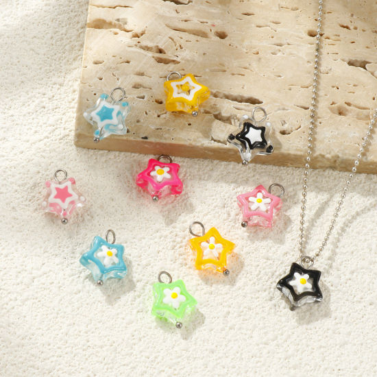 Picture of Eco-friendly 304 Stainless Steel & Resin Charms Wholesale Silver Tone Enamel Pentagram Star 17mm x 13mm