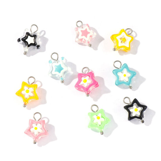 Picture of Eco-friendly 304 Stainless Steel & Resin Charms Wholesale Silver Tone Enamel Pentagram Star 17mm x 13mm