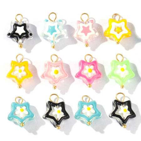 Immagine di 2 Pz PVD Ecologica Impermeabile Anti-Ossidante Ipoallergenico 304 Acciaio Inossidabile & Resina Ciondoli All'Ingrosso 18K Vero Oro Placcato Smalto Stella a Cinque Punte Fiore 17mm x 13mm