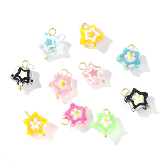 2 個 エコフレンドリー PVD 防水 耐変色性の 低アレルギー性の 304ステンレス鋼＋樹脂 チャーム 卸売り 18Kリアルゴールドメッキ エナメル 五芒星 花 17mm x 13mm、 の画像