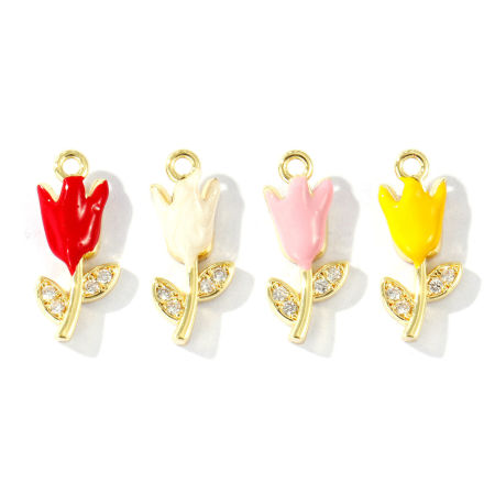 Picture of Brass Charms Wholesale 18K Gold Plated Multicolor Enamel Tulip Flower Micro Pave Clear Cubic Zirconia 13mm x 6mm
