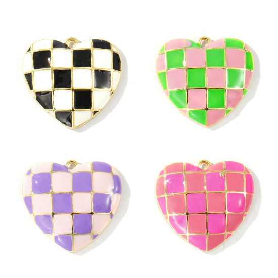 Immagine di 2 Pz Ottone San Valentino Ciondoli All'Ingrosso Placcato Oro 18K Multicolore Smalto Cuore Ingraticciato 22mm x 20mm