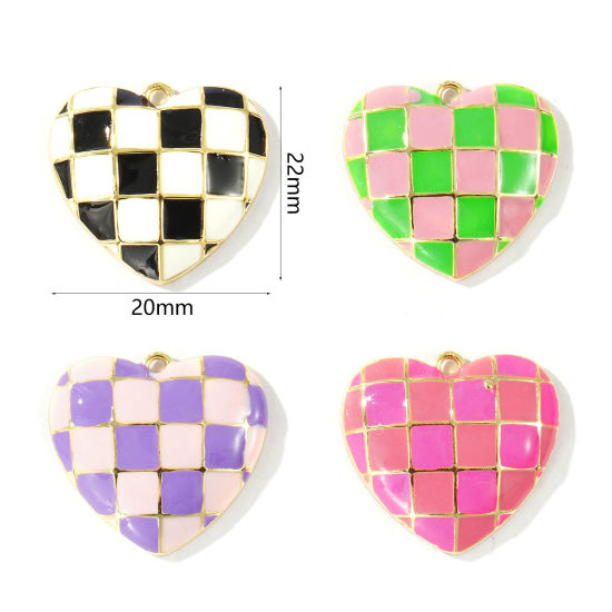 Immagine di 2 Pz Ottone San Valentino Ciondoli All'Ingrosso Placcato Oro 18K Multicolore Smalto Cuore Ingraticciato 22mm x 20mm