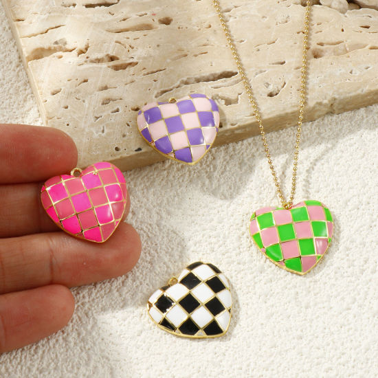 Immagine di 2 Pz Ottone San Valentino Ciondoli All'Ingrosso Placcato Oro 18K Multicolore Smalto Cuore Ingraticciato 22mm x 20mm