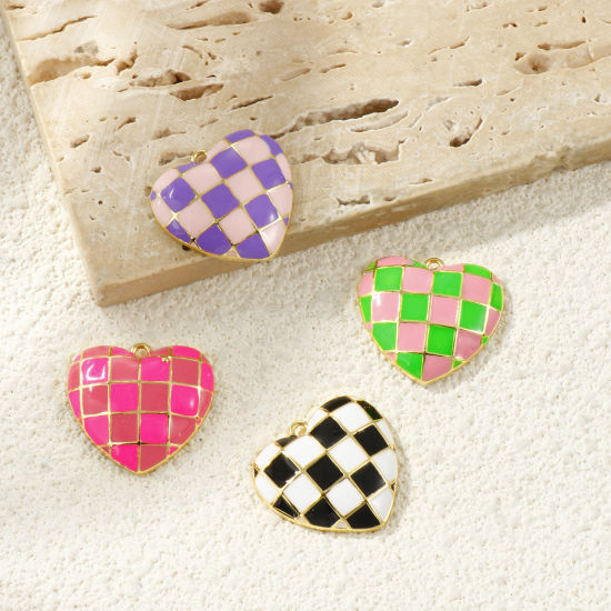 Immagine di 2 Pz Ottone San Valentino Ciondoli All'Ingrosso Placcato Oro 18K Multicolore Smalto Cuore Ingraticciato 22mm x 20mm