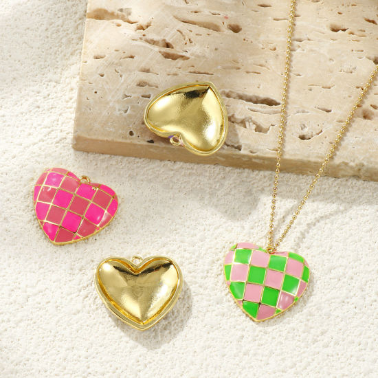 Immagine di 2 Pz Ottone San Valentino Ciondoli All'Ingrosso Placcato Oro 18K Multicolore Smalto Cuore Ingraticciato 22mm x 20mm