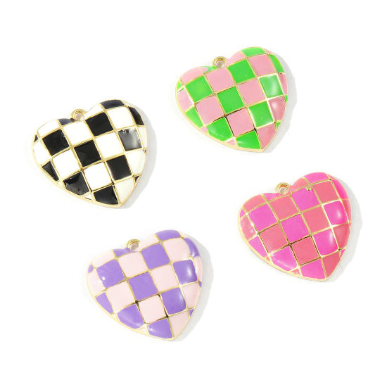 Immagine di 2 Pz Ottone San Valentino Ciondoli All'Ingrosso Placcato Oro 18K Multicolore Smalto Cuore Ingraticciato 22mm x 20mm