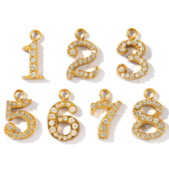Imagen de 2 Unidades PVD Ecológico 304 Acero Inoxidable Colgantes Al Por Mayor Chapado en Oro de 18K Número Transparente Rhinestone