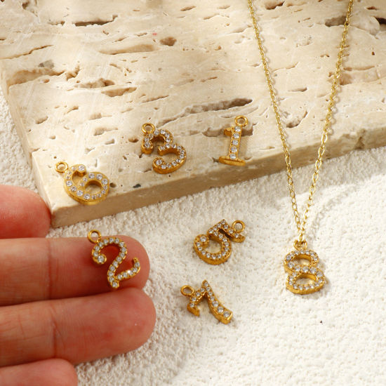 Imagen de 2 Unidades PVD Ecológico 304 Acero Inoxidable Colgantes Al Por Mayor Chapado en Oro de 18K Número Transparente Rhinestone