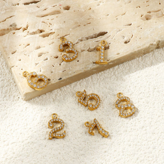 Imagen de 2 Unidades PVD Ecológico 304 Acero Inoxidable Colgantes Al Por Mayor Chapado en Oro de 18K Número Transparente Rhinestone