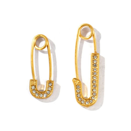 Picture of Wholesale Stylish Minimalist Safety Pin Brooches, Clear Rhinestone Micro Pave 18K Gold Plated 304 Stainless Steel, Unisex Eco-friendly PVD Gift Jewelry Supply