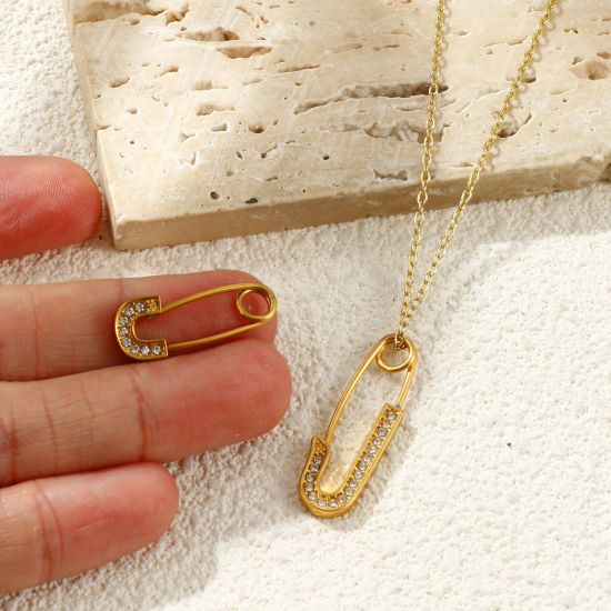 Image de Broches Épingles de Sûreté En Gros Plaqué Or 18K en 304 Acier Inoxydable, Élégant Minimaliste à Strass Transparent Micro Pave Unisexe PVD Écologique Cadeau Fournitures de Bijoux 2 Pcs