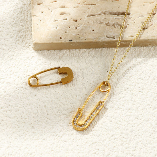 Image de Broches Épingles de Sûreté En Gros Plaqué Or 18K en 304 Acier Inoxydable, Élégant Minimaliste à Strass Transparent Micro Pave Unisexe PVD Écologique Cadeau Fournitures de Bijoux 2 Pcs