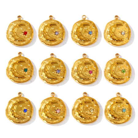 Immagine di 2 Pz PVD Ecologica Impermeabile Anti-Ossidante Ipoallergenico 304 Acciaio Inossidabile & Zircone Cubico Pietra Di Nascita Ciondoli All'Ingrosso 18K Vero Oro Placcato Tondo Luna 17mm x 15mm