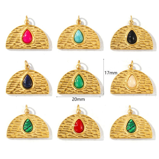 Picture of Eco-friendly PVD Waterproof Anti-Tarnish Hypoallergenic 304 Stainless Steel & Gemstone Charms Wholesale 18K Real Gold Plated Half Round Drop 20mm x 17mm
