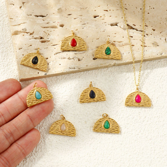 Picture of Eco-friendly PVD Waterproof Anti-Tarnish Hypoallergenic 304 Stainless Steel & Gemstone Charms Wholesale 18K Real Gold Plated Half Round Drop 20mm x 17mm