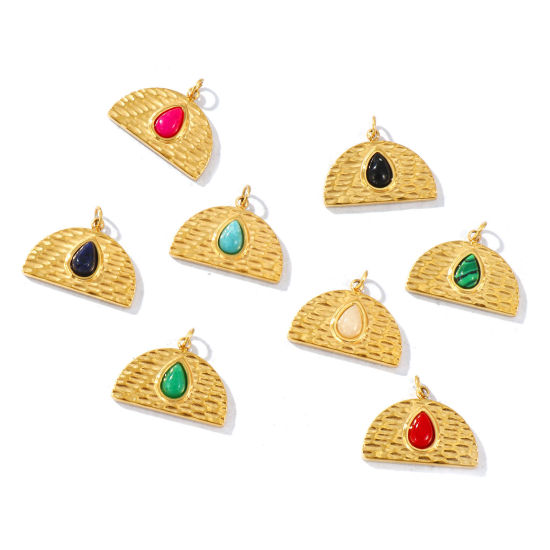 Picture of Eco-friendly PVD Waterproof Anti-Tarnish Hypoallergenic 304 Stainless Steel & Gemstone Charms Wholesale 18K Real Gold Plated Half Round Drop 20mm x 17mm