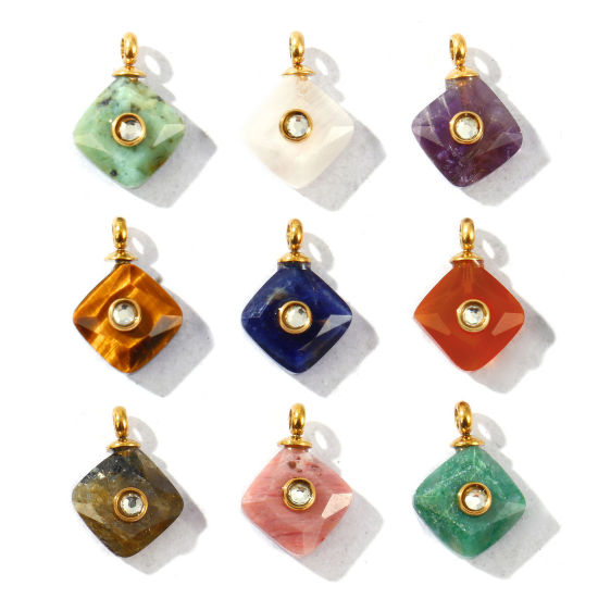 1 個 エコフレンドリー PVD 防水 耐変色性の 低アレルギー性の 304ステンレス鋼 + 宝石 チャーム 卸売り 14Kリアルゴールドメッキ 菱形 透明 ラインストーン 13mm x 10mm、 の画像