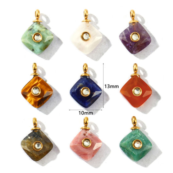 1 個 エコフレンドリー PVD 防水 耐変色性の 低アレルギー性の 304ステンレス鋼 + 宝石 チャーム 卸売り 14Kリアルゴールドメッキ 菱形 透明 ラインストーン 13mm x 10mm、 の画像