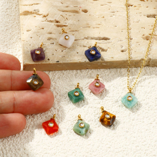 1 個 エコフレンドリー PVD 防水 耐変色性の 低アレルギー性の 304ステンレス鋼 + 宝石 チャーム 卸売り 14Kリアルゴールドメッキ 菱形 透明 ラインストーン 13mm x 10mm、 の画像