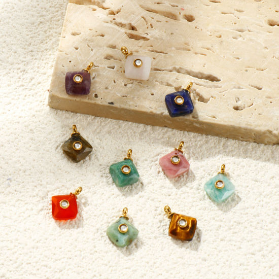 1 個 エコフレンドリー PVD 防水 耐変色性の 低アレルギー性の 304ステンレス鋼 + 宝石 チャーム 卸売り 14Kリアルゴールドメッキ 菱形 透明 ラインストーン 13mm x 10mm、 の画像