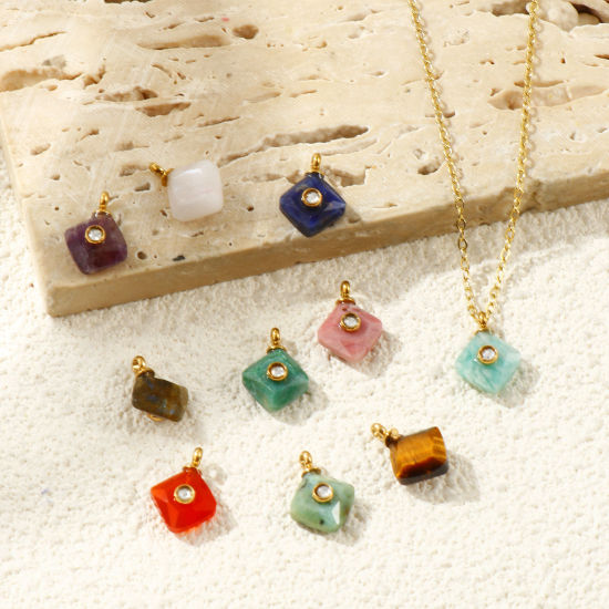 1 個 エコフレンドリー PVD 防水 耐変色性の 低アレルギー性の 304ステンレス鋼 + 宝石 チャーム 卸売り 14Kリアルゴールドメッキ 菱形 透明 ラインストーン 13mm x 10mm、 の画像