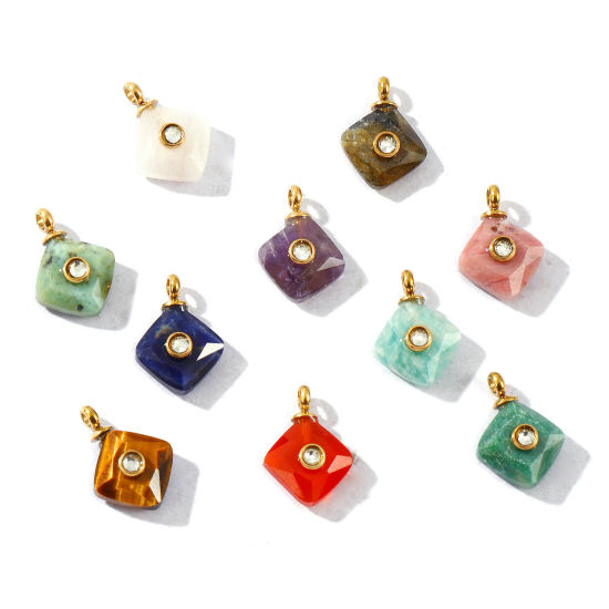 1 個 エコフレンドリー PVD 防水 耐変色性の 低アレルギー性の 304ステンレス鋼 + 宝石 チャーム 卸売り 14Kリアルゴールドメッキ 菱形 透明 ラインストーン 13mm x 10mm、 の画像