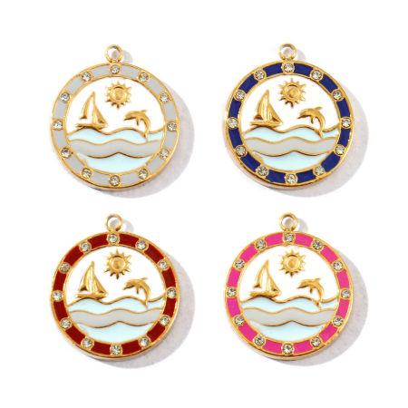 Bild von Umweltfreundliche PVD, wasserdicht, anlaufgeschützt und hypoallergen 304 Edelstahl Ozean Schmuck Charms Großhandel 14K Echtgold plattiert Emaille Rund Scheibe Segelboot Micro Pave Transparent Strass 18.5mm x 16mm