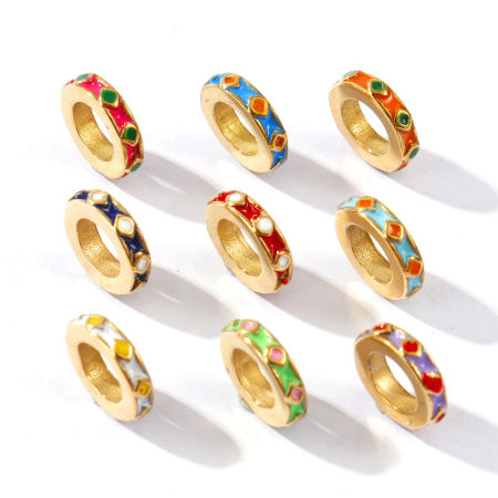 Bild von Umweltfreundliche PVD, wasserdicht, anlaufgeschützt und hypoallergen 304 Edelstahl Abstandsperlen für DIY-Armband-Schmuckherstellung Großhandel 14K Echtgold plattiert Bunt Rund Rhombus Emaille ca. 9mm D., Loch: ca. 5.2mm