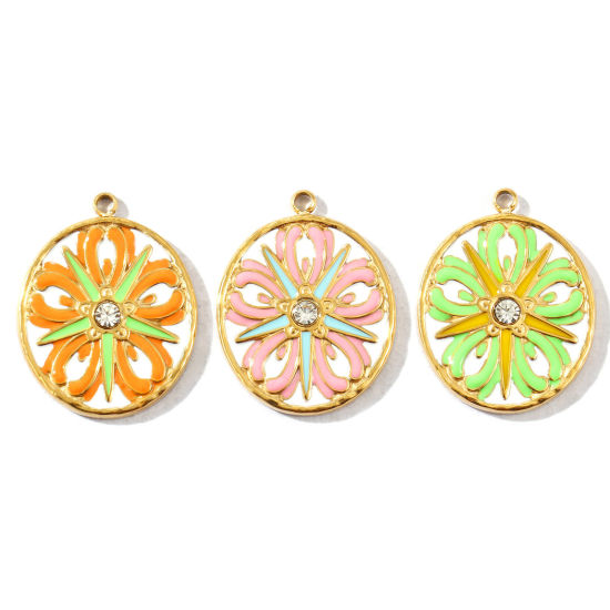 1 個 エコフレンドリー PVD 防水 耐変色性の 低アレルギー性の 304ステンレス鋼 チャーム 卸売り 14Kリアルゴールドメッキ エナメル 円形 ディスク 花 透明 ラインストーン 26mm x 20mm、 の画像