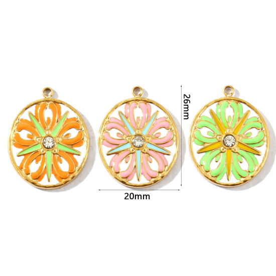 1 個 エコフレンドリー PVD 防水 耐変色性の 低アレルギー性の 304ステンレス鋼 チャーム 卸売り 14Kリアルゴールドメッキ エナメル 円形 ディスク 花 透明 ラインストーン 26mm x 20mm、 の画像