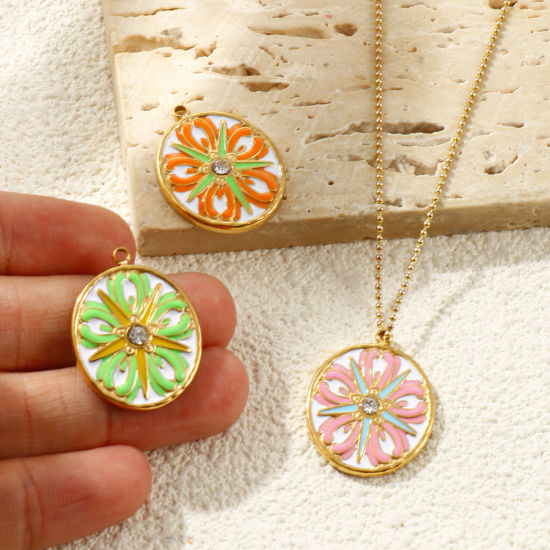 1 個 エコフレンドリー PVD 防水 耐変色性の 低アレルギー性の 304ステンレス鋼 チャーム 卸売り 14Kリアルゴールドメッキ エナメル 円形 ディスク 花 透明 ラインストーン 26mm x 20mm、 の画像