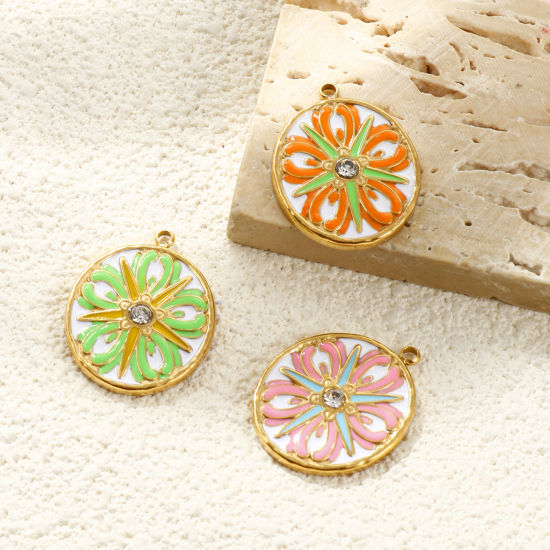 1 個 エコフレンドリー PVD 防水 耐変色性の 低アレルギー性の 304ステンレス鋼 チャーム 卸売り 14Kリアルゴールドメッキ エナメル 円形 ディスク 花 透明 ラインストーン 26mm x 20mm、 の画像