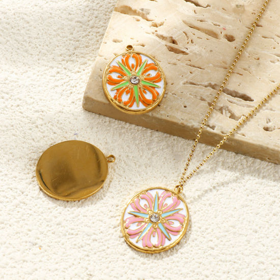 1 個 エコフレンドリー PVD 防水 耐変色性の 低アレルギー性の 304ステンレス鋼 チャーム 卸売り 14Kリアルゴールドメッキ エナメル 円形 ディスク 花 透明 ラインストーン 26mm x 20mm、 の画像