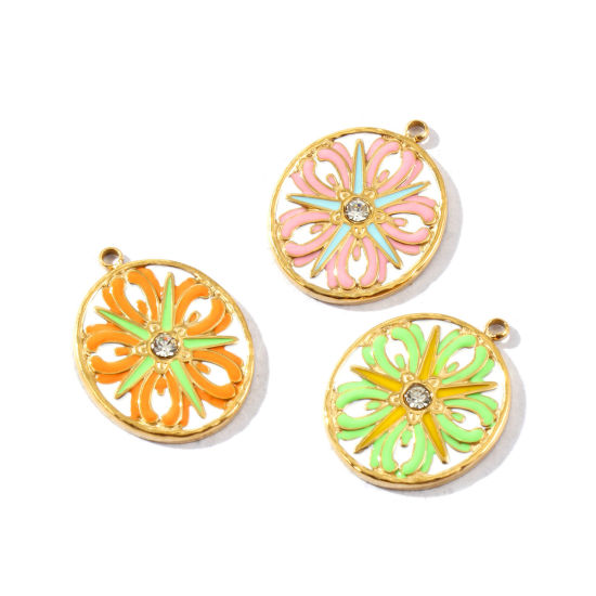 1 個 エコフレンドリー PVD 防水 耐変色性の 低アレルギー性の 304ステンレス鋼 チャーム 卸売り 14Kリアルゴールドメッキ エナメル 円形 ディスク 花 透明 ラインストーン 26mm x 20mm、 の画像