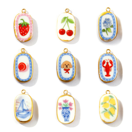 Bild von Umweltfreundliche PVD, wasserdicht, anlaufgeschützt und hypoallergen 304 Edelstahl & Keramik Anhänger Großhandel 18K Echtgold plattiert Oval Gedruckt 3cm x 1.6cm