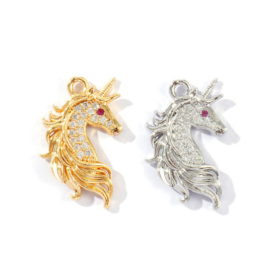 Image de 2 Pcs Breloques En Gros Respectueux de la Nature en Laiton Plaqué Or Véritable Cheval Micro Pave à Zircone Cubique Clair 23mm x 14mm